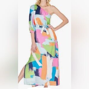 Jade one shoulder Vibrant Abstract Print Maxi Dress